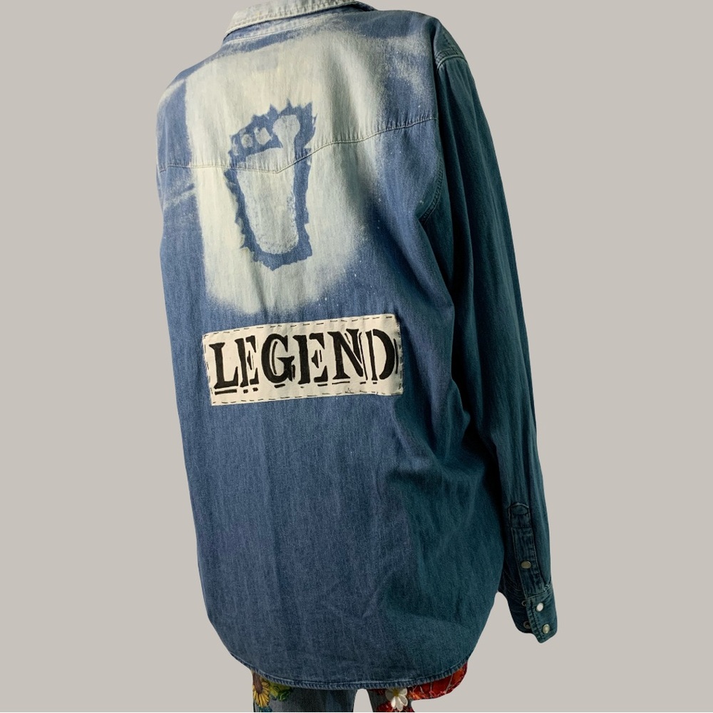 Upcycled Denim bleached Bigfoot or Sasquatch footprint button down shirt. - Picture 3 of 14